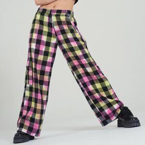 Plaid Wide Leg Pants - Pink, Green, Black